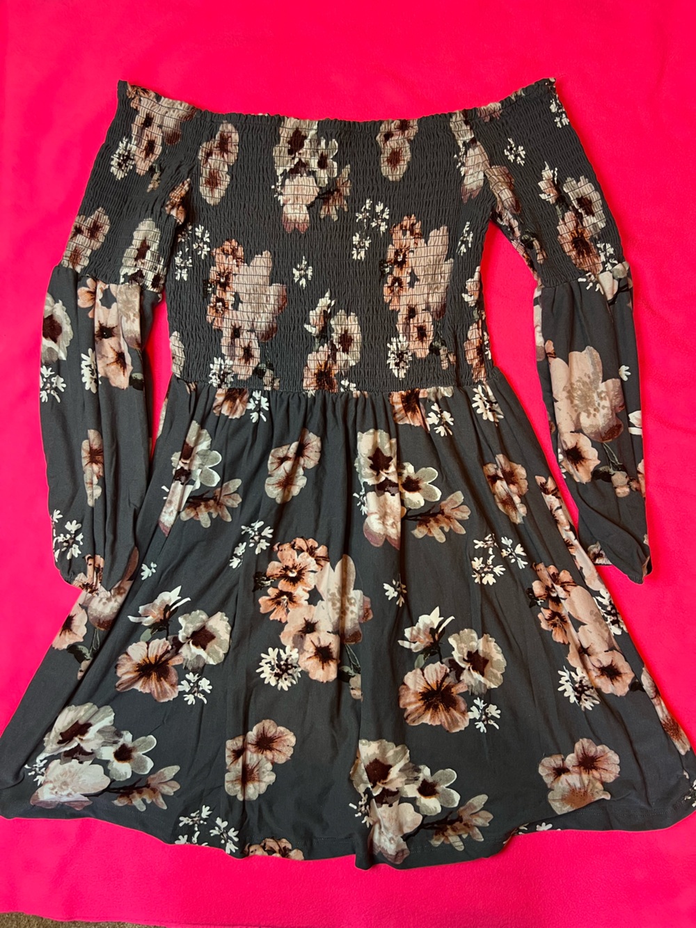 Off-Shoulder Long Sleeve Floral Dress in Black and Taupe